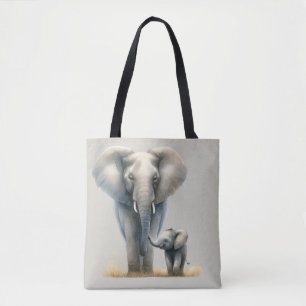 Bolso De Tela Majestuoso elefante africano y cría en acuarela 