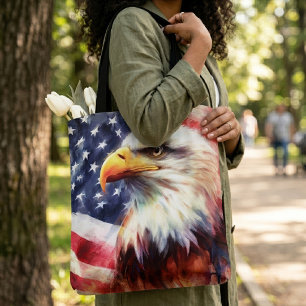 Bolso De Tela Majestuoso retrato de águila calva con bandera ame