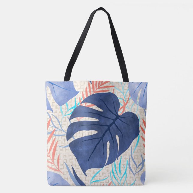 Bolso De Tela Maleah Monstera Tropical Hawaiana acuarela - Azul (Anverso)