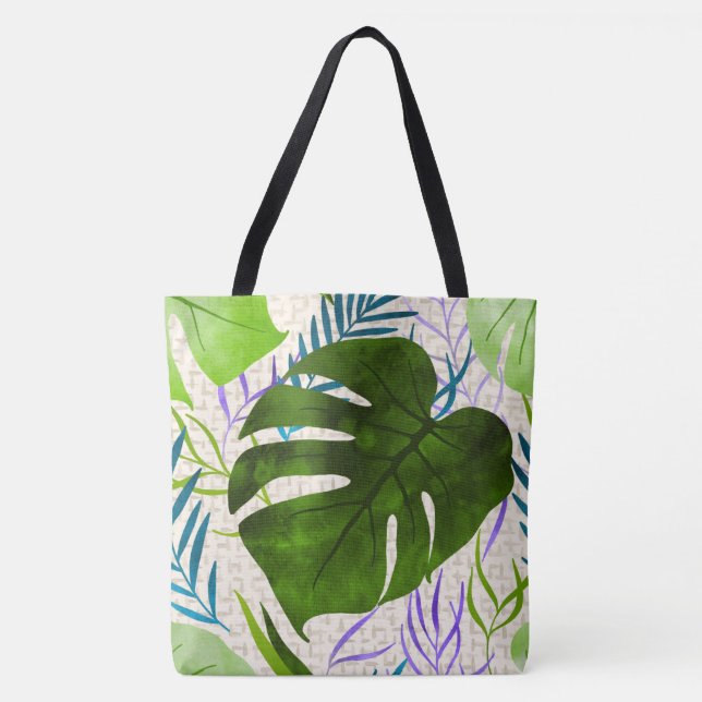 Bolso De Tela Maleah Monstera Tropical Hawaiana acuarela verde (Anverso)