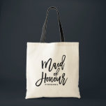 Bolso De Tela Maleta de honor de la doncella de la mano negra<br><div class="desc">Bolsa de tetas moderna y clásica con escritura negra MAID OF HONOR grabado a mano. Personalice agregando el nombre de los receptores o la etiqueta del boda. Perfecto como regalo para tu fiesta nupcial o nupcial.</div>
