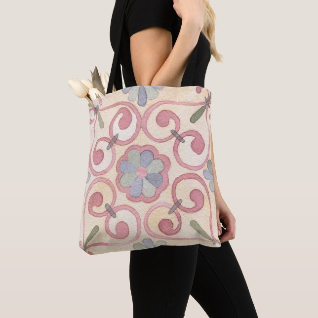 Bolso De Tela Málica española italiana acuarela rosa floral (Detalle)