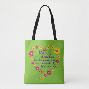 Bolso De Tela MAMA Flores de Corazón diciendo en alemán + tu tra