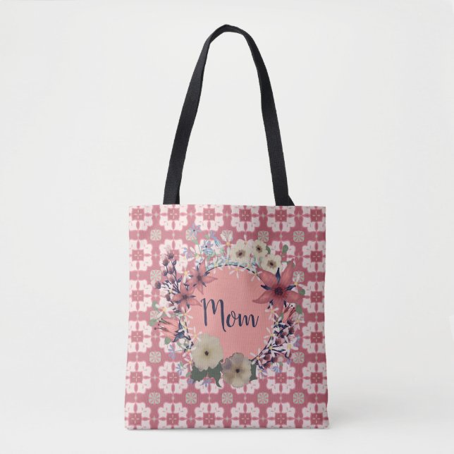 Bolso De Tela Mamá | Wreath floral rosa | Monograma (Anverso)