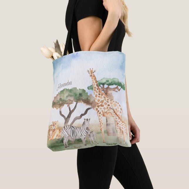 Bolso De Tela Mami acuarela y animales africanos bebés (Detalle)