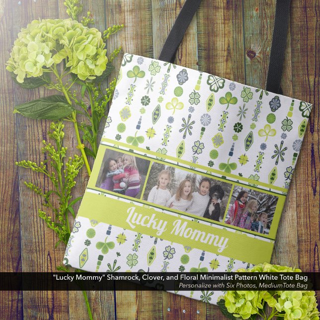 Bolso De Tela "Mami afortunada" Fotografía del patrón Shamrock C ("Lucky Mommy" Shamrock, Clover, and Floral Pattern Tote Bag - Personalize with Six Photos)