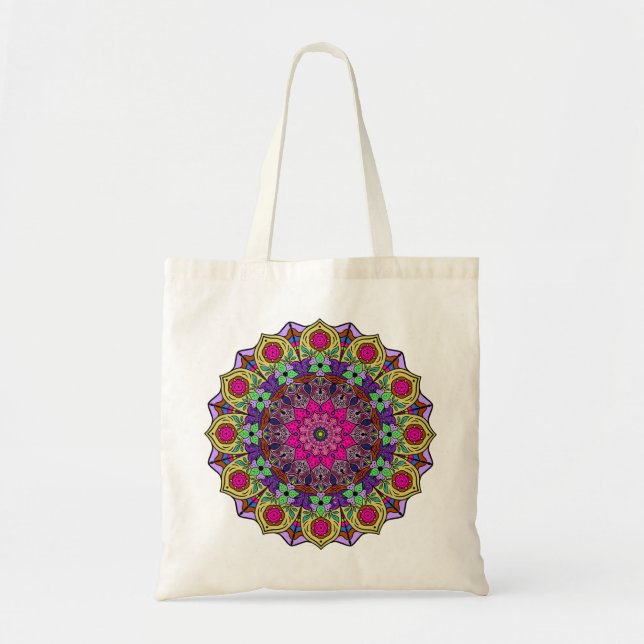 Bolso De Tela Mandala 12 Mostaza de flores rosadas - (Frente)