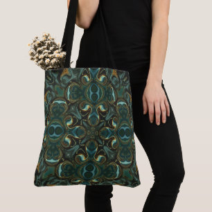 Bolso De Tela Mándala abstracto simétrico de esmeralda y oro