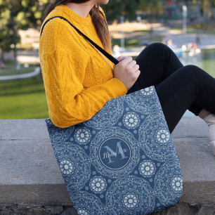 Bolso De Tela Mandala azul marino Lotus Floral Monograma