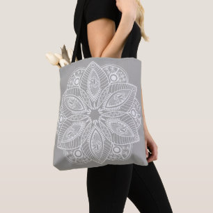 Bolso De Tela Mandala blanca exótica con fondo gris