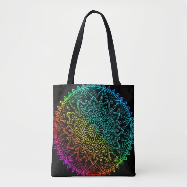 Bolso De Tela Mandalá de Arcoíris Negro (Anverso)