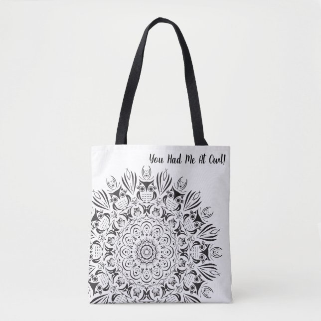 Bolso De Tela Mandala de búho blanco y negro reutilizable (Anverso)