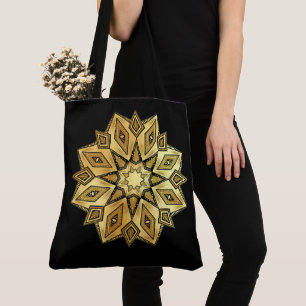 Bolso De Tela Mandala de Estrella Dorada sobre Fondo Negro