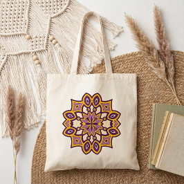 Bolso De Tela Mandalá de Flor Púrpura y Amarilla