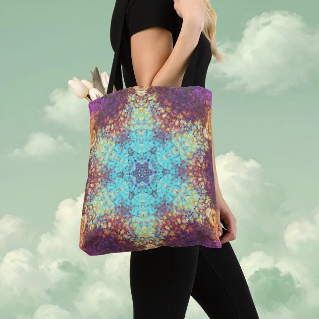 Bolso De Tela Mandala digital amarillo azul y púrpura (Blue Yellow and Purple Digital Paint Mandala Tote Bag By Wormhole Orbital)