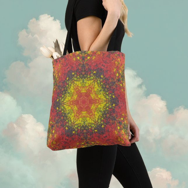 Bolso De Tela Mandala digital Amarillo rojo y negro (Yellow and Red Digital Paint Mandala Tote Bag By Wormhole Orbital)