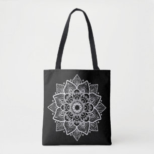 Bolso De Tela Mandala floral blanca y negra reversible