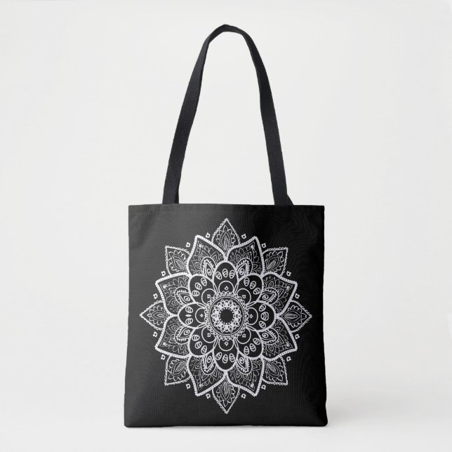 Bolso De Tela Mandala floral blanca y negra reversible (Anverso)