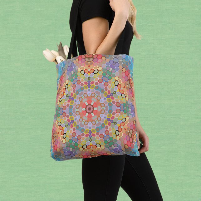 Bolso De Tela Mandalá Hexagonal Arcoíris (Rainbow Hexagon Mandala Tote Bag by Wormhole Orbital)