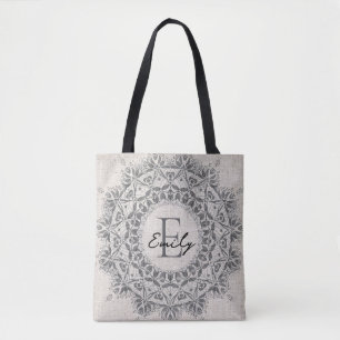 Bolso De Tela Mandala Nombre personalizado Monograma Gris claro 