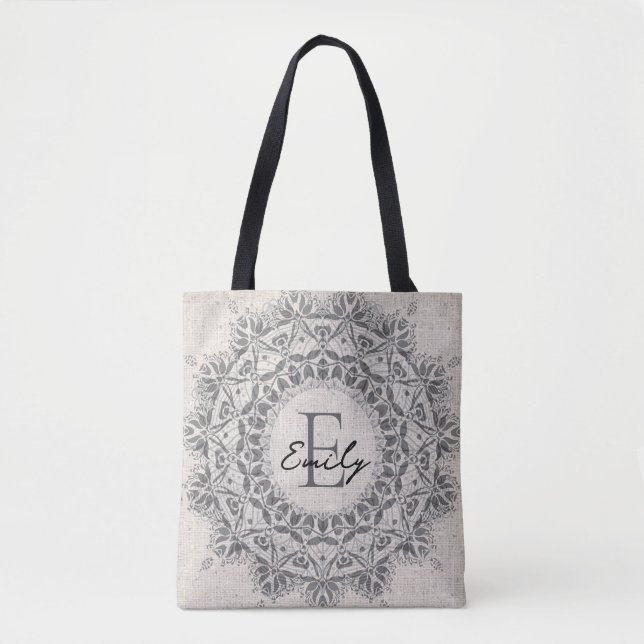Bolso De Tela Mandala Nombre personalizado Monograma Gris claro  (Anverso)