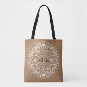 Bolso De Tela Mándala personalizada de búho marrón y blanco neut