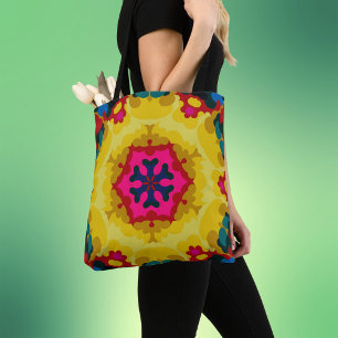 Bolso De Tela Mandala retro azul amarillo y rosa