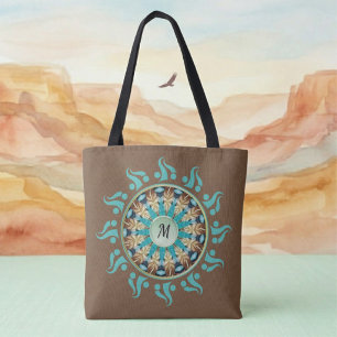 Bolso De Tela Mandalá Sol Turquesa, marrón, azul y Tote beige