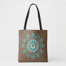 Bolso De Tela Mandala Sun Turquoise, marrón, azul y Tote Tan