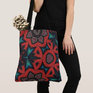 Bolso De Tela Mandalas Florales de Caleidoscopio Rojo y Azul