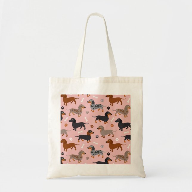 Bolso De Tela Manitas de Dachshund y patrones de huesos rosados (Frente)