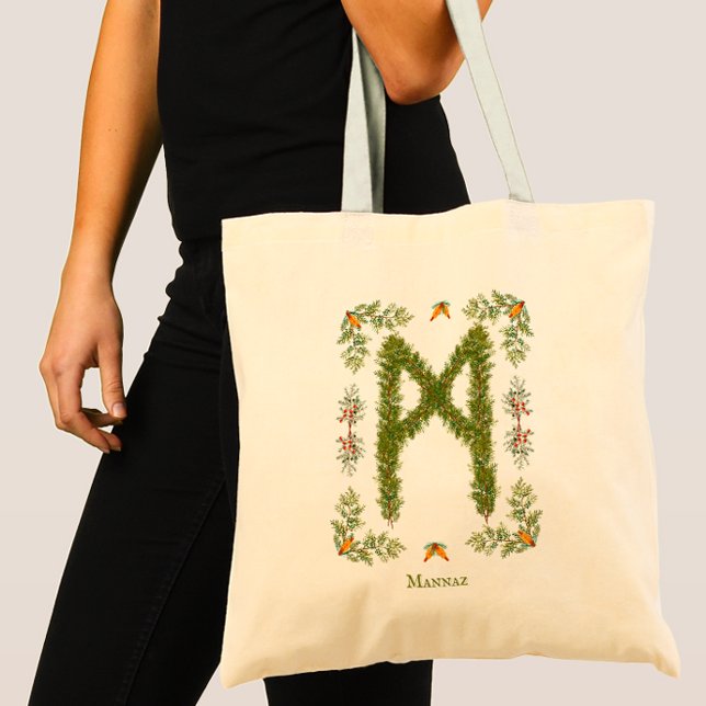 Bolso De Tela Mannaz Rune en las ramas verdes personalizadas (Subido por el creador)