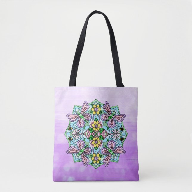Bolso De Tela Mano dibujada de mariposa fantástica Mandala (Anverso)