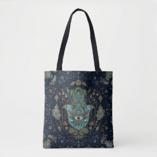 Bolso De Tela Mano Hamsa - Mano de piedras azules de Fátima