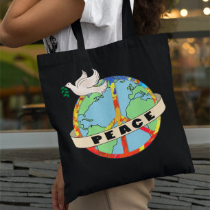 Bolso De Tela Mano retro colorida dibuja la paz mundial con la p