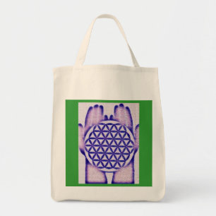 Bolso De Tela Manos curativas que sostienen la flor de la vida