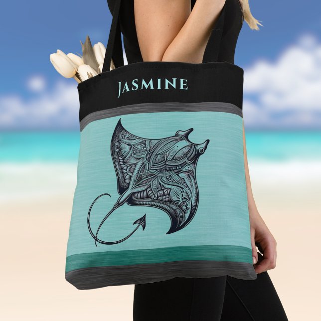 Bolso De Tela Manta Ray on Teal Faux Brushed Metal Monogrammed (Subido por el creador)