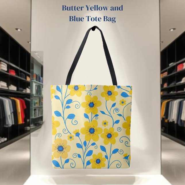 Bolso De Tela Mantequilla floral amarilla y azul (Butter Yellow and Blue Floral-Tote Bag )