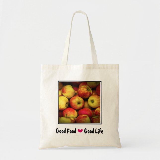 Bolso De Tela Manzanas amarillas y rojas buena comida Buena vida (Frente)