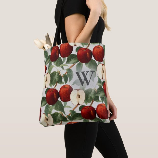 Bolso De Tela Manzanas rojas acuarela gris botánico monogramada (Detalle)