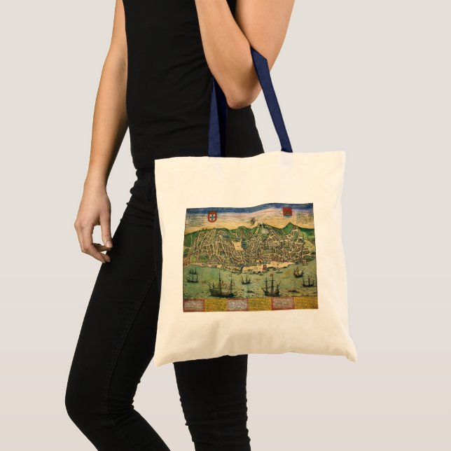 Bolso De Tela Mapa antiguo de Lisboa, Portugal, por Braun/Hogenb (Anverso (producto))