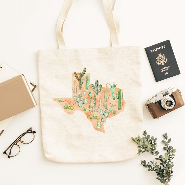 Bolso De Tela Mapa de Ilustracion de acuarela de Texas Cactus (In situ)