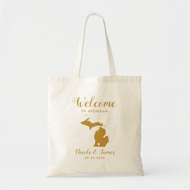Bolso De Tela Mapa de Michigan Boda Bag de bienvenida, oro (Frente)