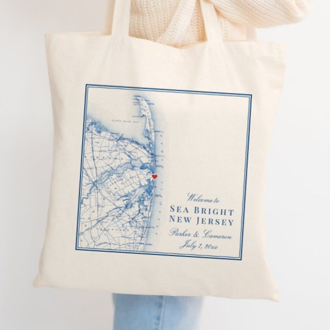 Bolso De Tela Mapa de Sea Bright Nueva Jersey Elegante Bienvenid (These Welcome to Sea Bright New Jersey tote bags are perfect for your Jersey shore wedding)