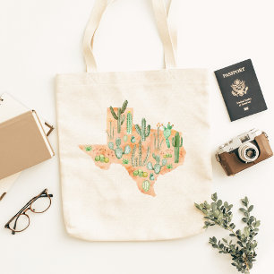 Bolso De Tela Mapa de Texas de Cactus Ilustrado con Acuarela