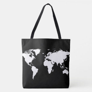 Bolso De Tela mapa del mundo blanco sobre negro