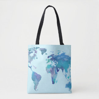 Bolso De Tela Mapa del mundo del azul de la acuarela