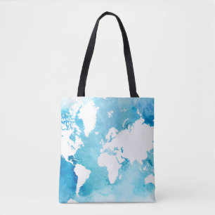 Bolso De Tela Mapa del mundo en azules de la acuarela