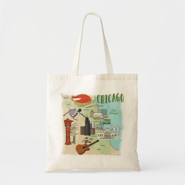 Bolso De Tela Mapa ilustrado de Chicago Map Tote Bag (Frente)