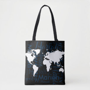 Bolso De Tela mapa mundial y patrón de nombres en negro